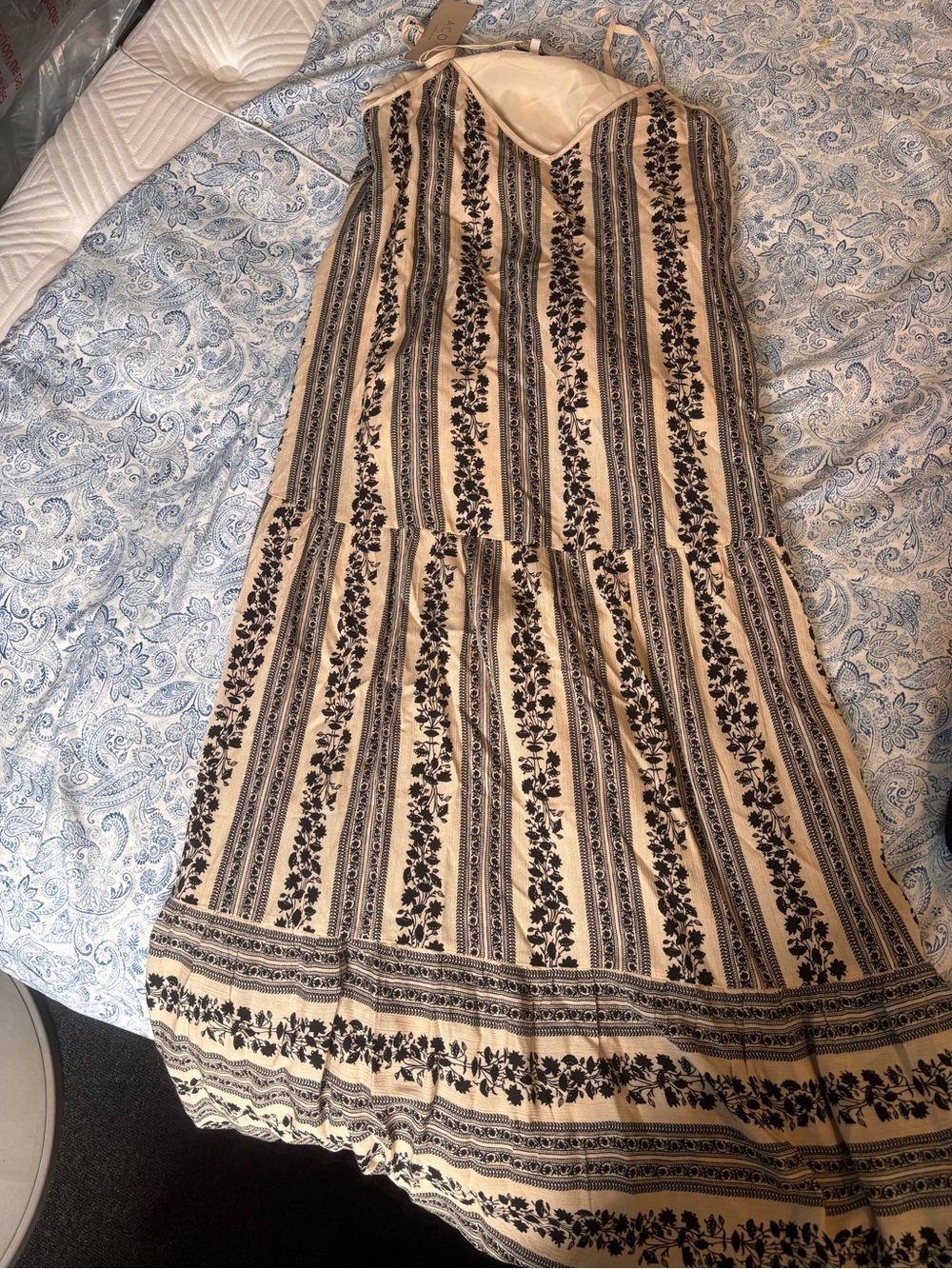 Cream Maxi Dress with Black Stripe Floral Print
